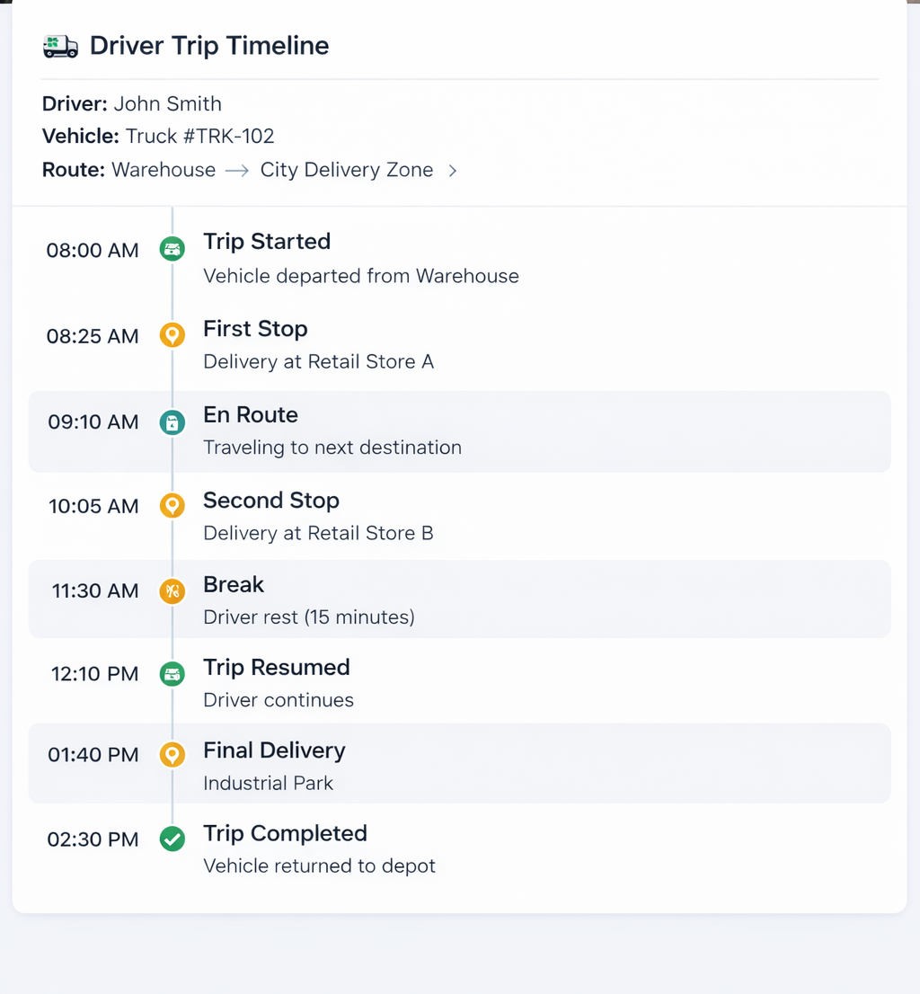 Screenshot of the trip timeline feature, showing a map with a route and event log.